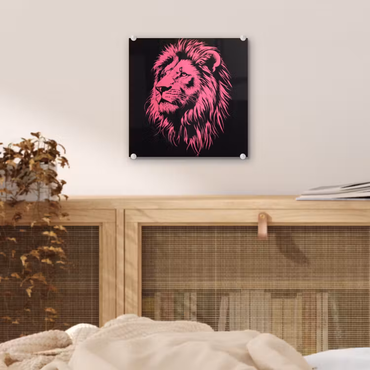 Glas schilderij - Leeuw - Zwart - Roze - Neon — 5