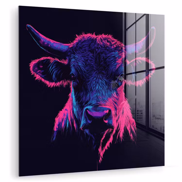 Glas schilderij - Stier - Neon - Zwart - Kleur — 1