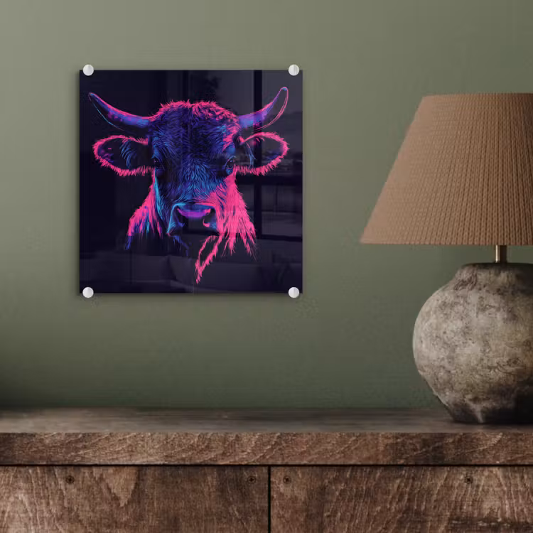 Glas schilderij - Stier - Neon - Zwart - Kleur — 4