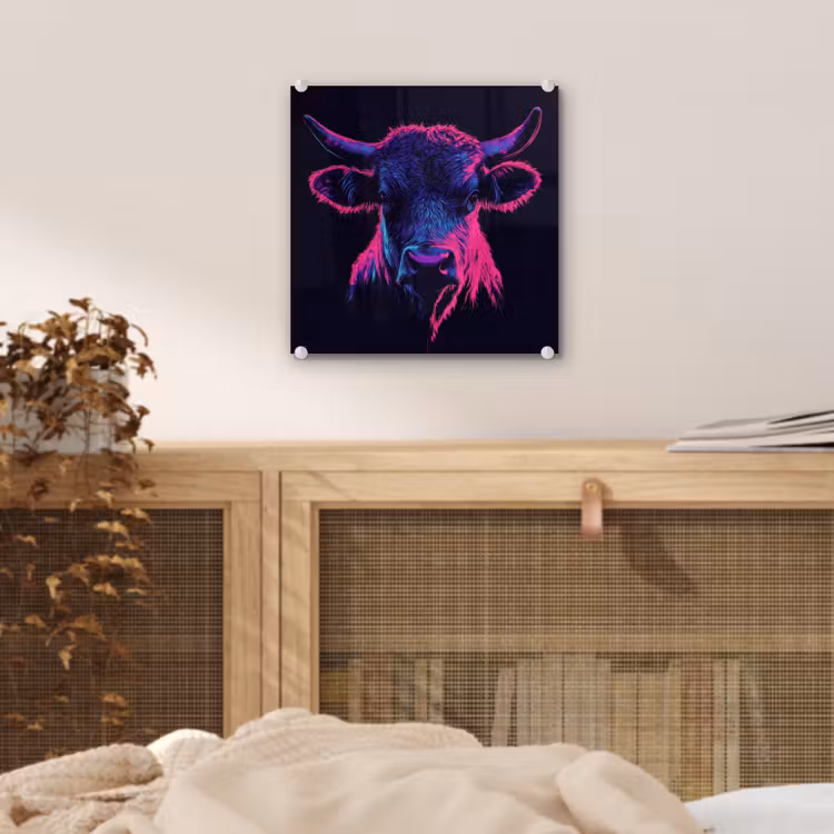 Glas schilderij - Stier - Neon - Zwart - Kleur — 5