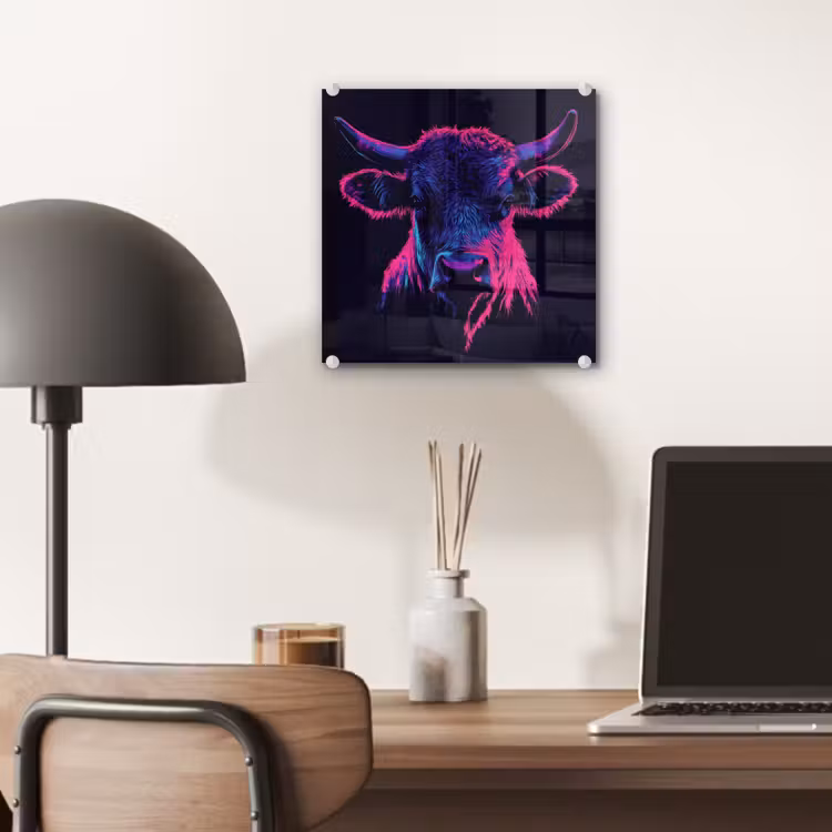 Glas schilderij - Stier - Neon - Zwart - Kleur — 7