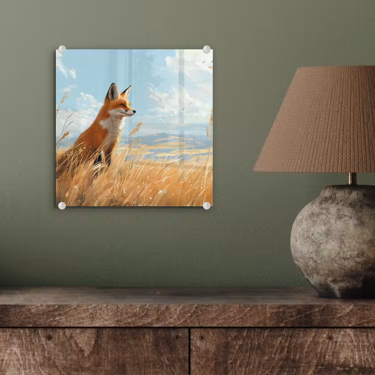 Glas schilderij - Vos - Gras - Wolken - Oranje — 4