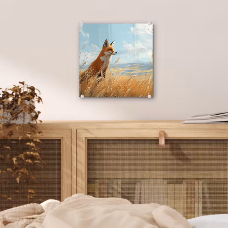 Glas schilderij - Vos - Gras - Wolken - Oranje — 5