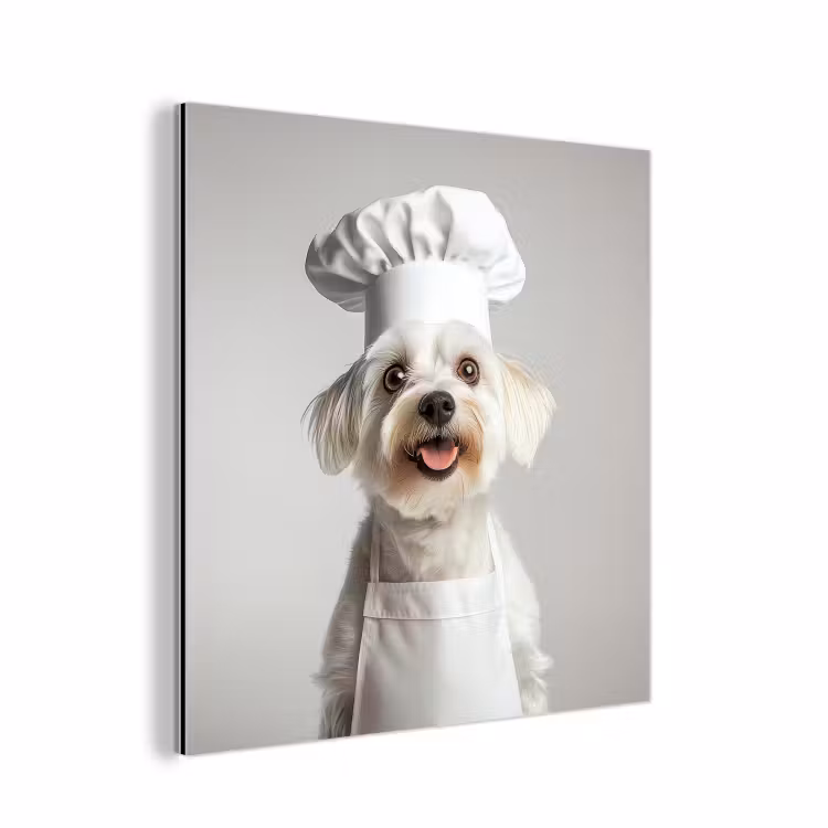 Aluminium schilderij - Witte Hond met Koksmuts