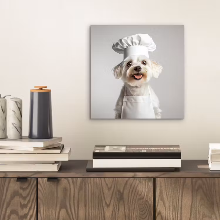 Aluminium schilderij - Witte Hond met Koksmuts — 2