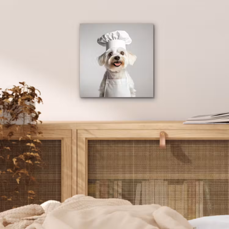 Aluminium schilderij - Witte Hond met Koksmuts — 4