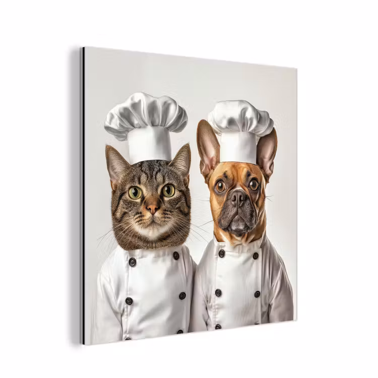Aluminium schilderij - Kat en Hond Als Kok