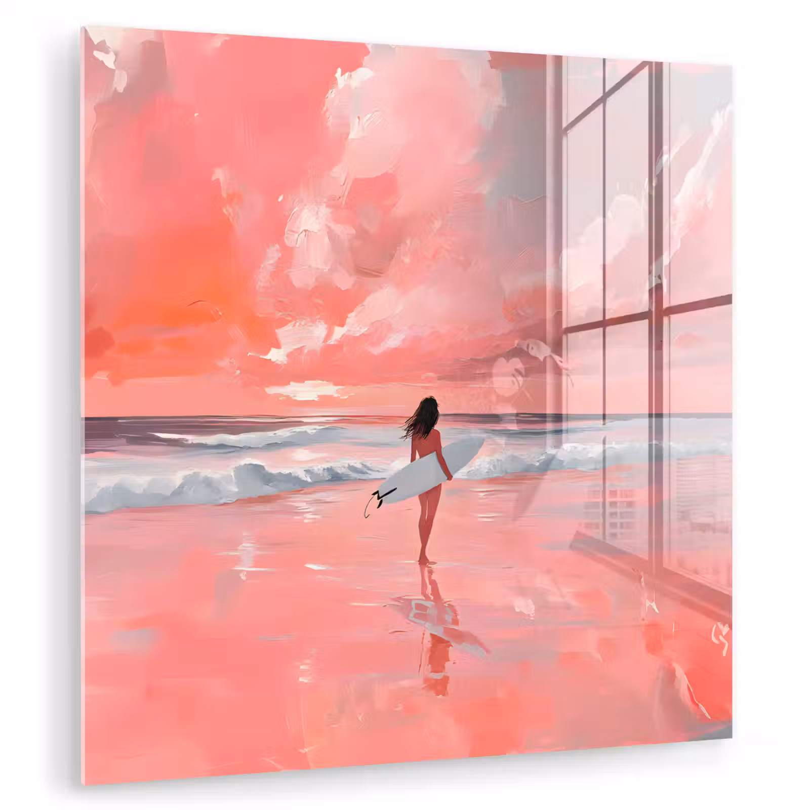 Glas schilderij - Roze - Surfen - Zee — 1