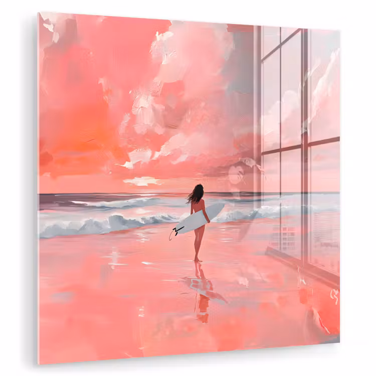 Glas schilderij - Roze - Surfen - Zee — 1