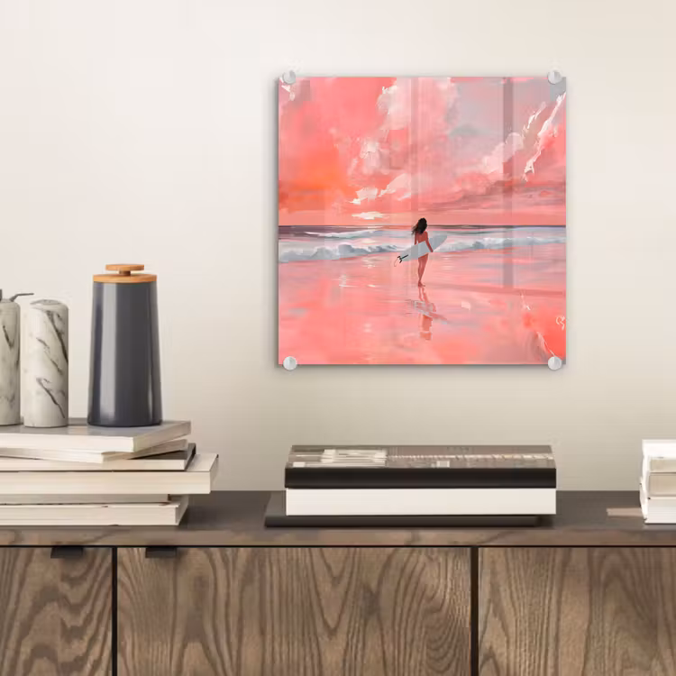 Glas schilderij - Roze - Surfen - Zee — 2