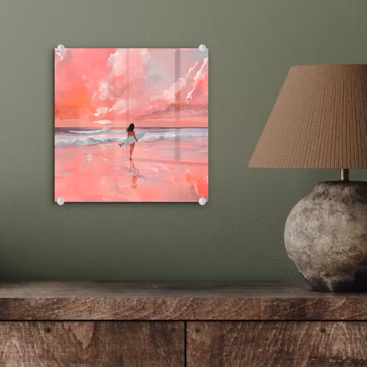 Glas schilderij - Roze - Surfen - Zee — 4