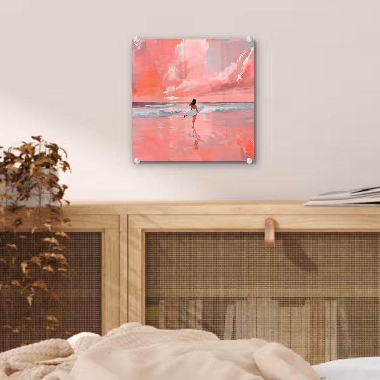 Glas schilderij - Roze - Surfen - Zee — 5