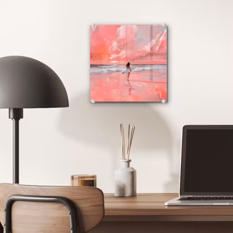 Glas schilderij - Roze - Surfen - Zee — 7