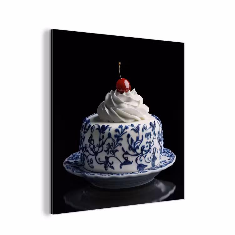 Aluminium schilderij - Taart - Slagroom - Kers - Bord - Delfts blauw