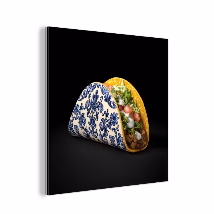 Aluminium schilderij - Taco - Vlees - Salade - Delftsblauw - Motief