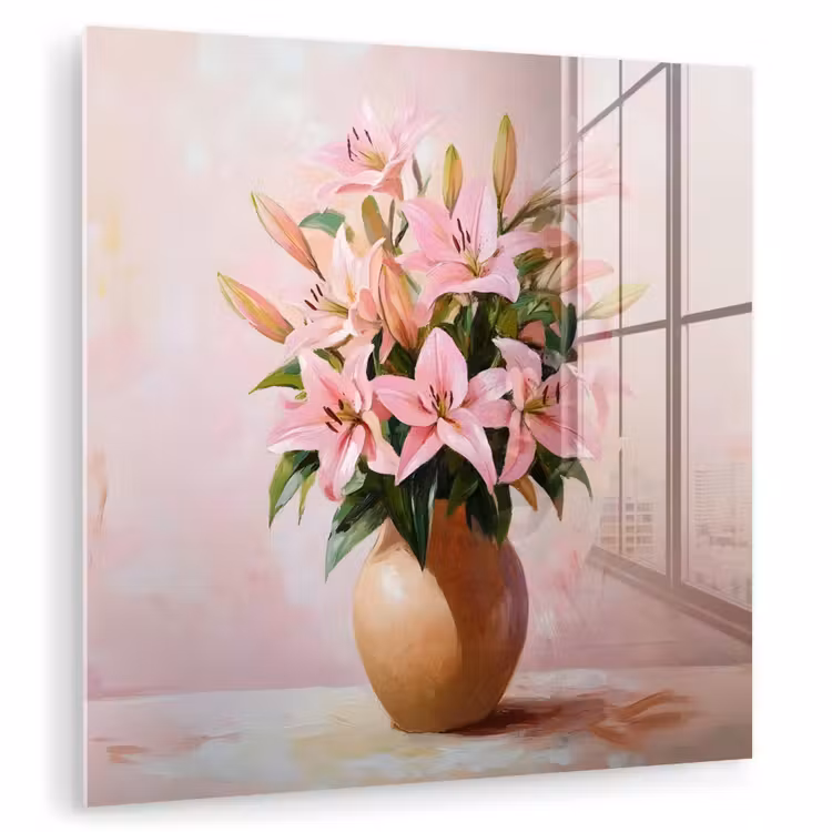 Glas schilderij - Vaas - Bloemen - Roze — 1