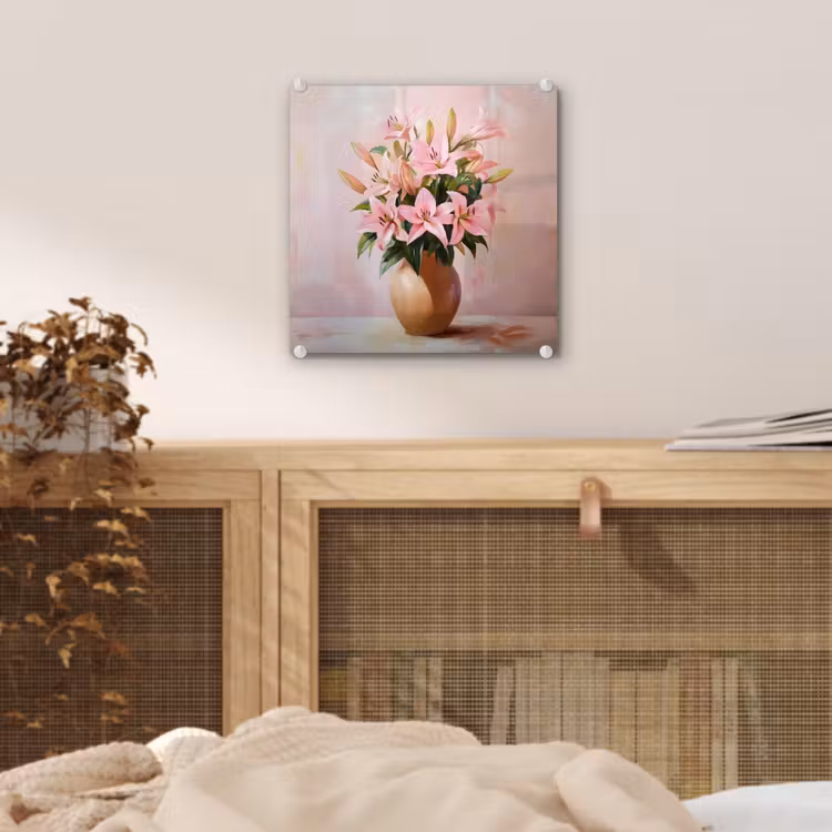 Glas schilderij - Vaas - Bloemen - Roze — 5