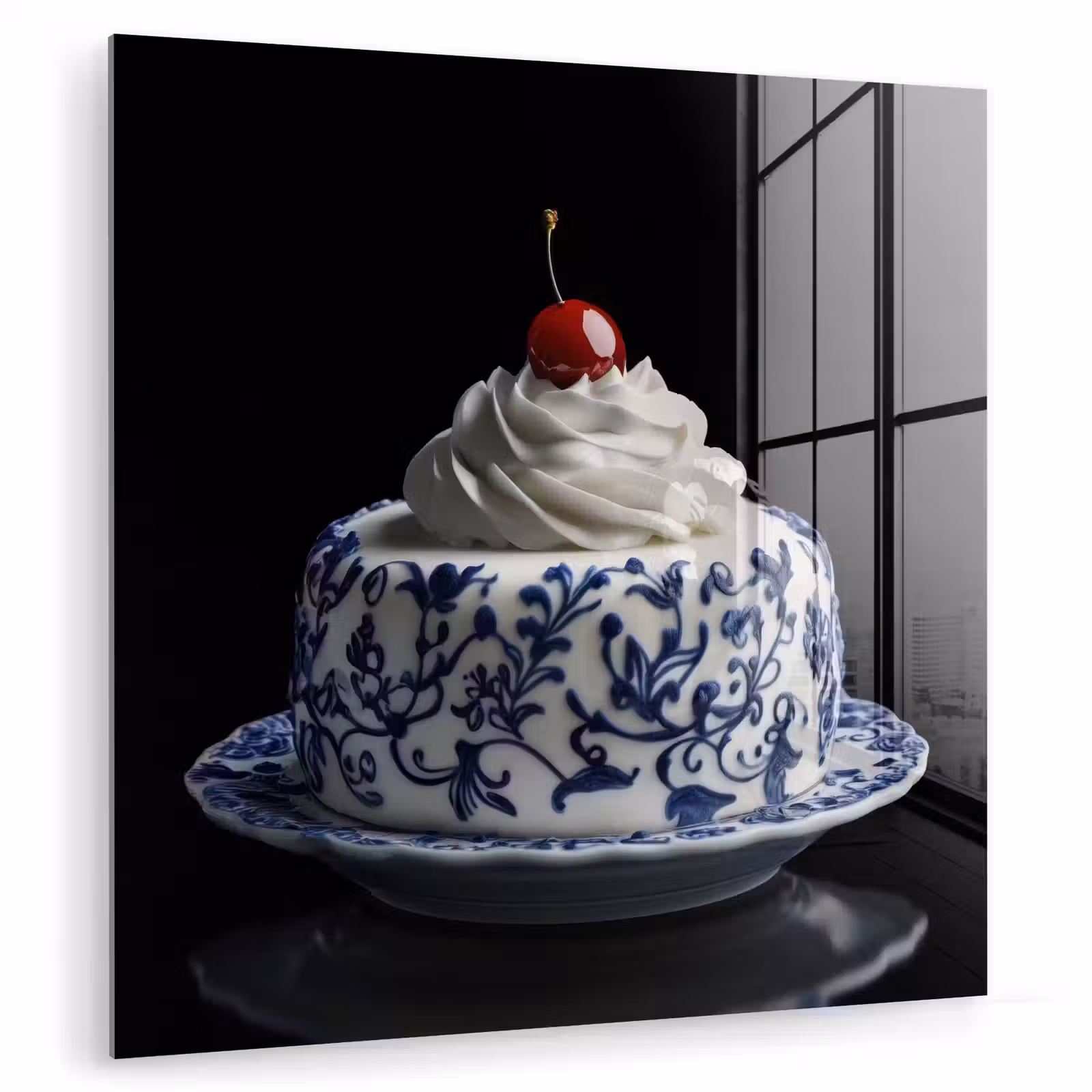 Glas schilderij - Taart - Slagroom - Kers - Bord - Delfts blauw — 1