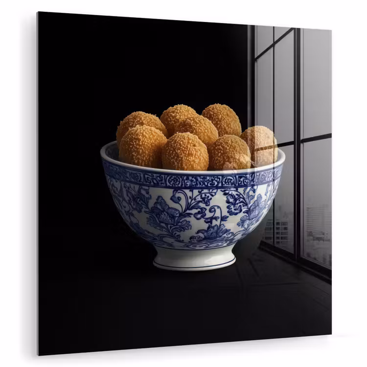 Glas schilderij - Delfts blauw - Bitterballen - Holland - Schaal
