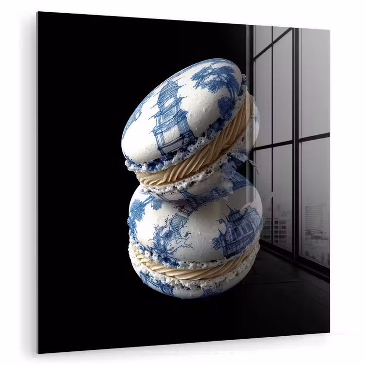 Glas schilderij - Eten - Macarons - Delfts blauw - Koekjes