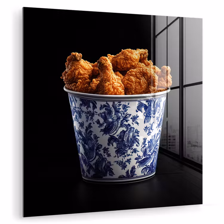 Glas schilderij - Kip - Bucket - Delfts blauw - Lekker