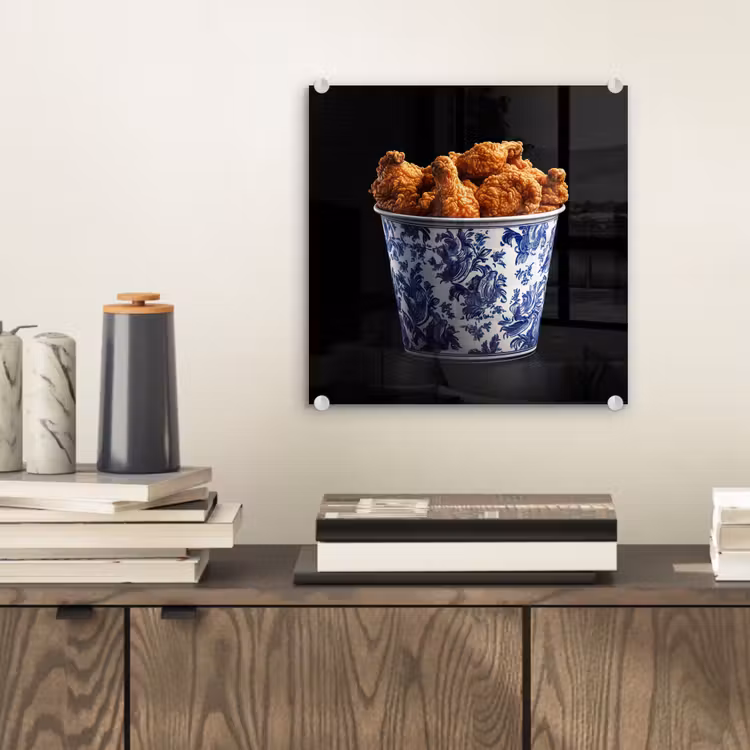 Glas schilderij - Kip - Bucket - Delfts blauw - Lekker — 2