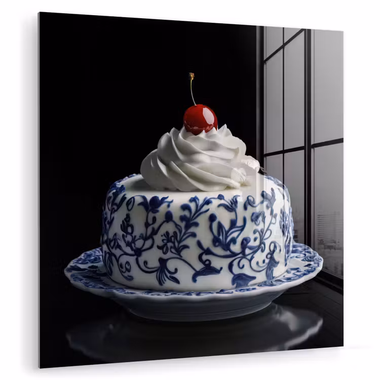 Glas schilderij - Taart - Slagroom - Kers - Bord - Delfts blauw