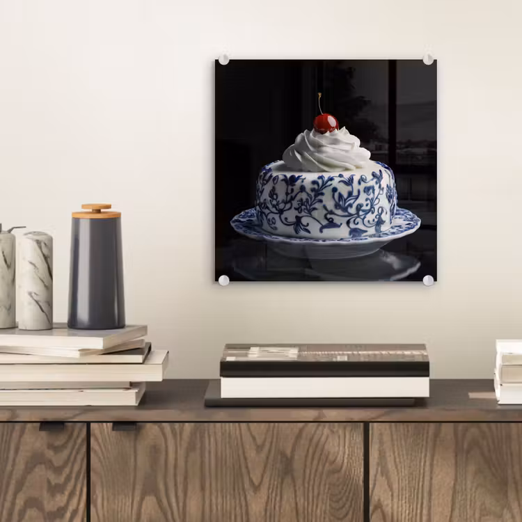 Glas schilderij - Taart - Slagroom - Kers - Bord - Delfts blauw — 2