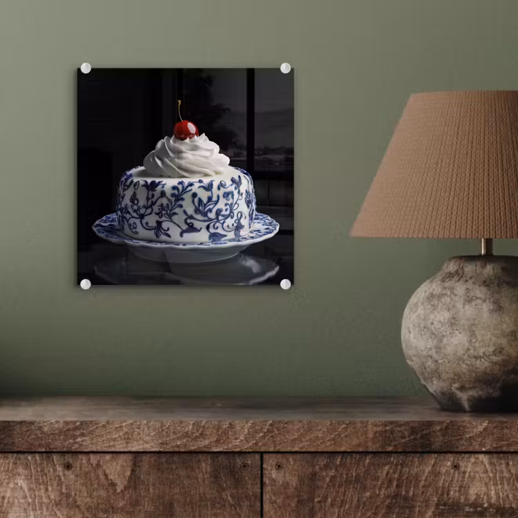 Glas schilderij - Taart - Slagroom - Kers - Bord - Delfts blauw — 4