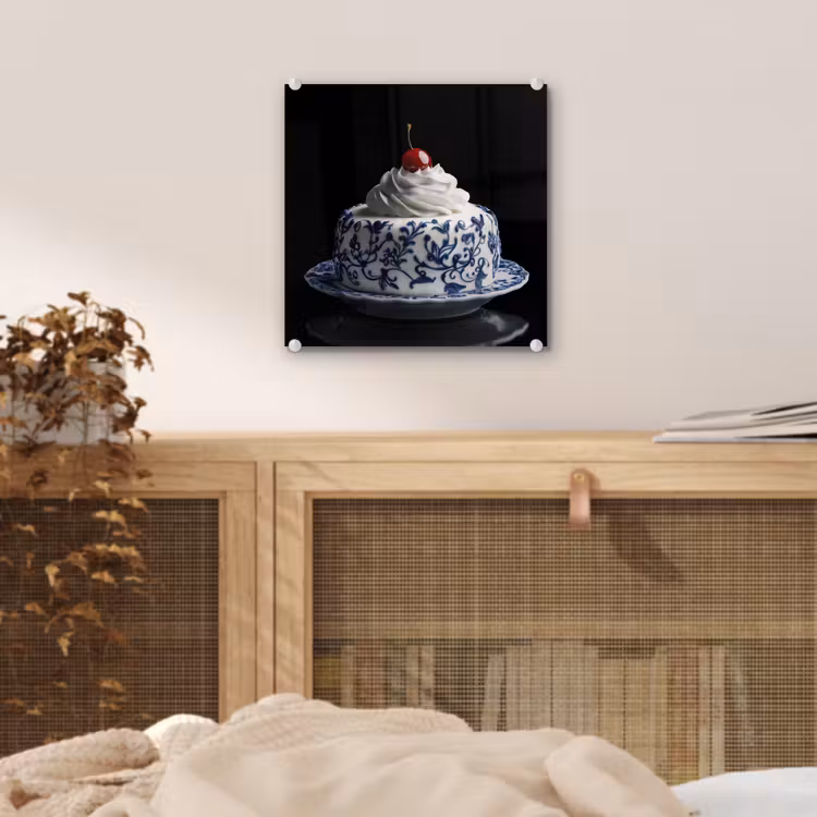 Glas schilderij - Taart - Slagroom - Kers - Bord - Delfts blauw — 5