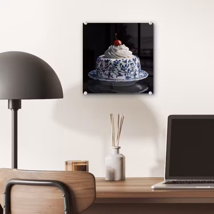 Glas schilderij - Taart - Slagroom - Kers - Bord - Delfts blauw — 7