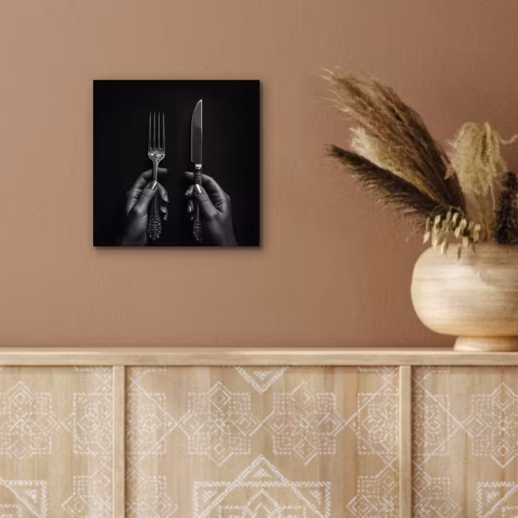 Aluminium schilderij - Handen met Vork en Mes — 5