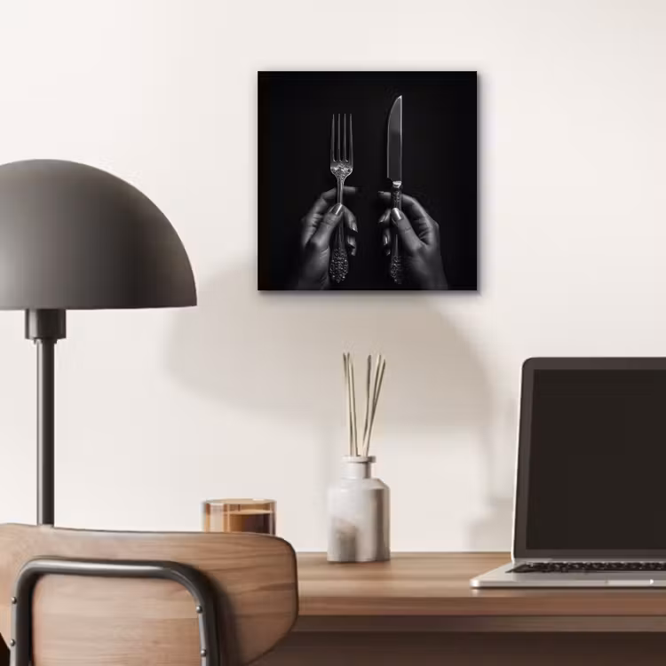 Aluminium schilderij - Handen met Vork en Mes — 6