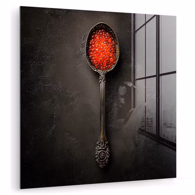 Glas schilderij - Zwart - Lepel - Caviar — 1