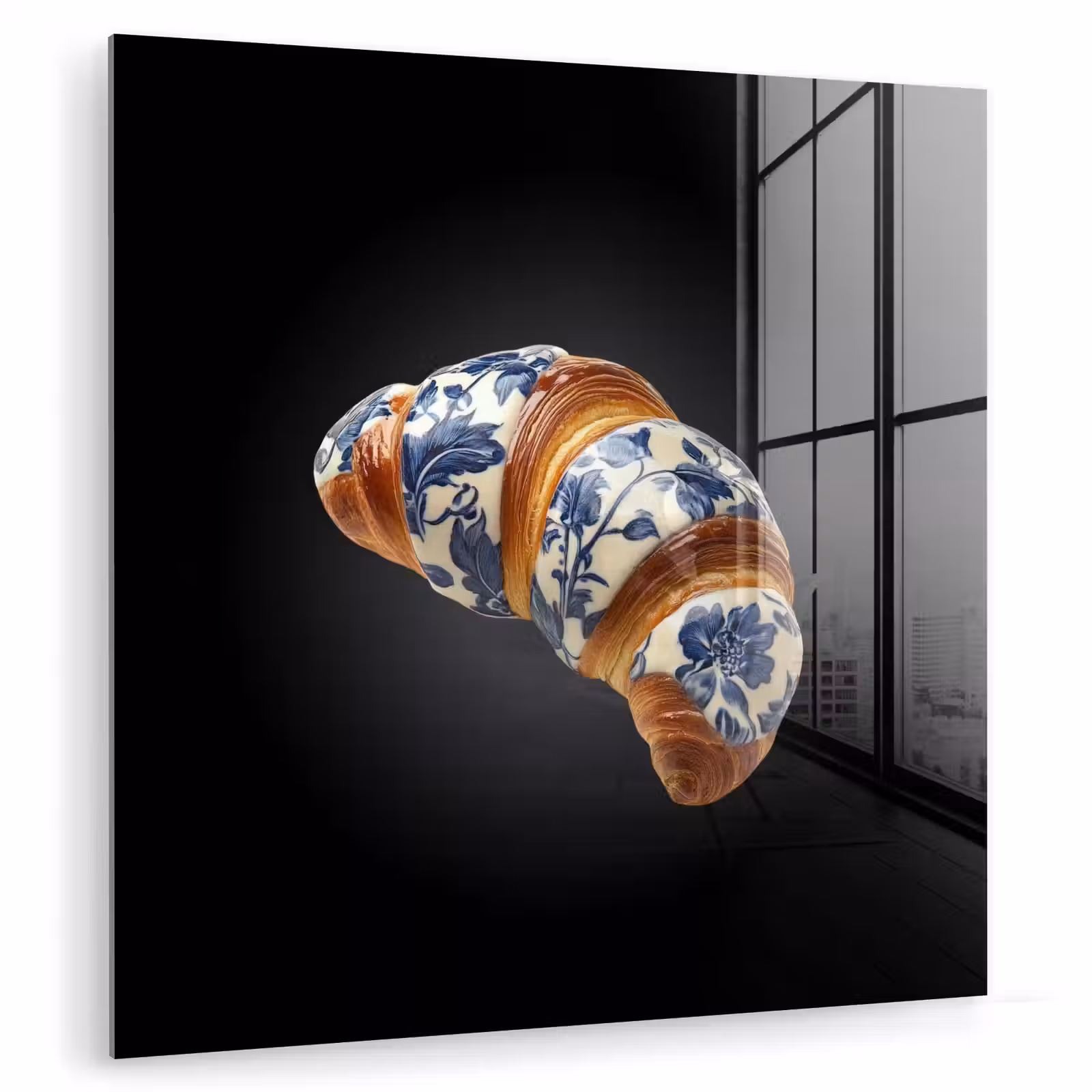 Glas schilderij - Croissant - Bloemenpatroon - Delftsblauw — 1