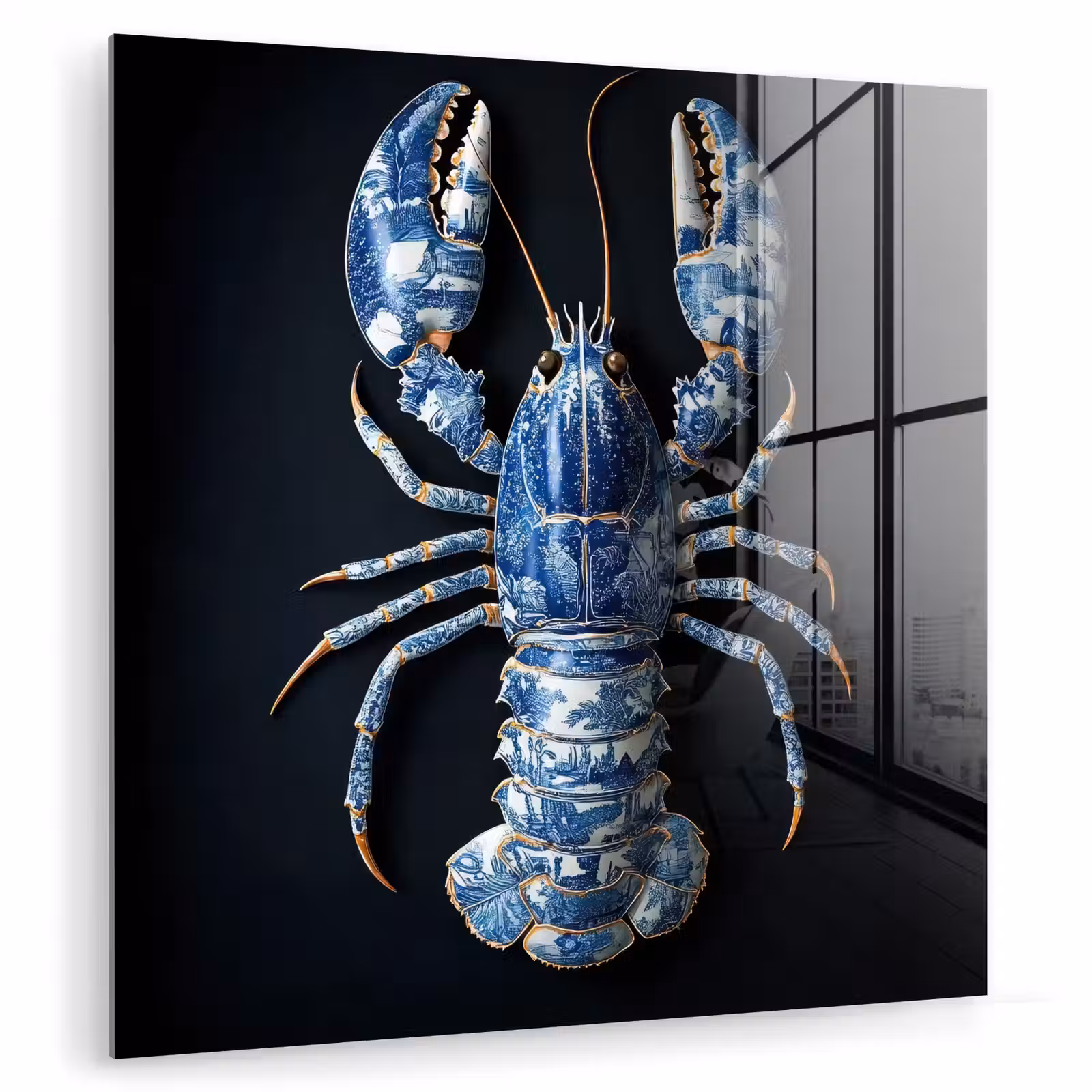 Glas schilderij - Kreeft - Delftsblauw - Schild - Stoer — 1
