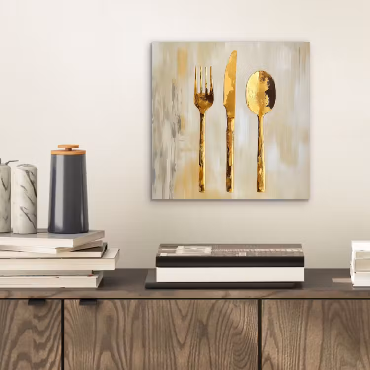 Aluminium schilderij - Bestek Vork Mes Lepel Goud — 2