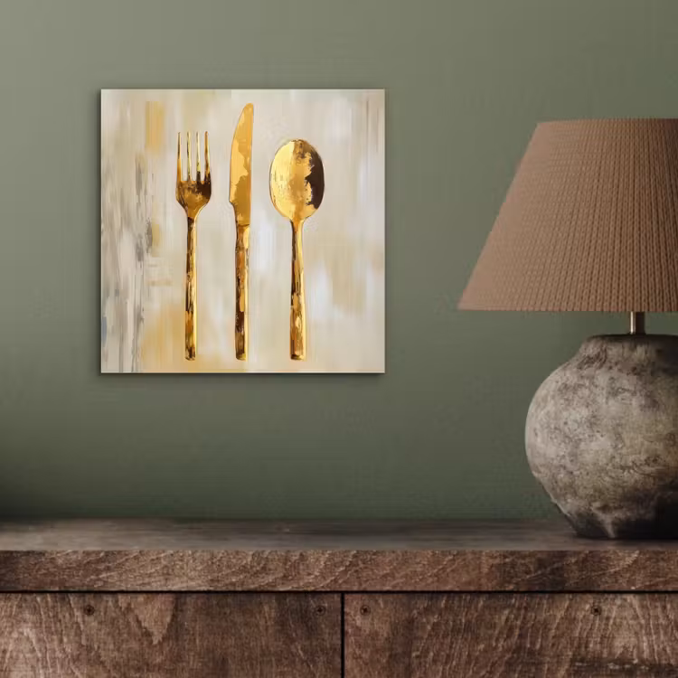 Aluminium schilderij - Bestek Vork Mes Lepel Goud — 3