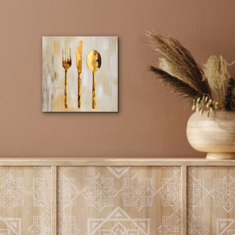 Aluminium schilderij - Bestek Vork Mes Lepel Goud — 5