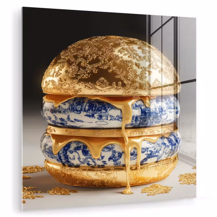 Glas schilderij - Delftsblauw - Goud - Burger