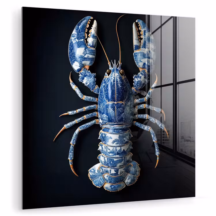 Glas schilderij - Kreeft - Delftsblauw - Schild - Stoer