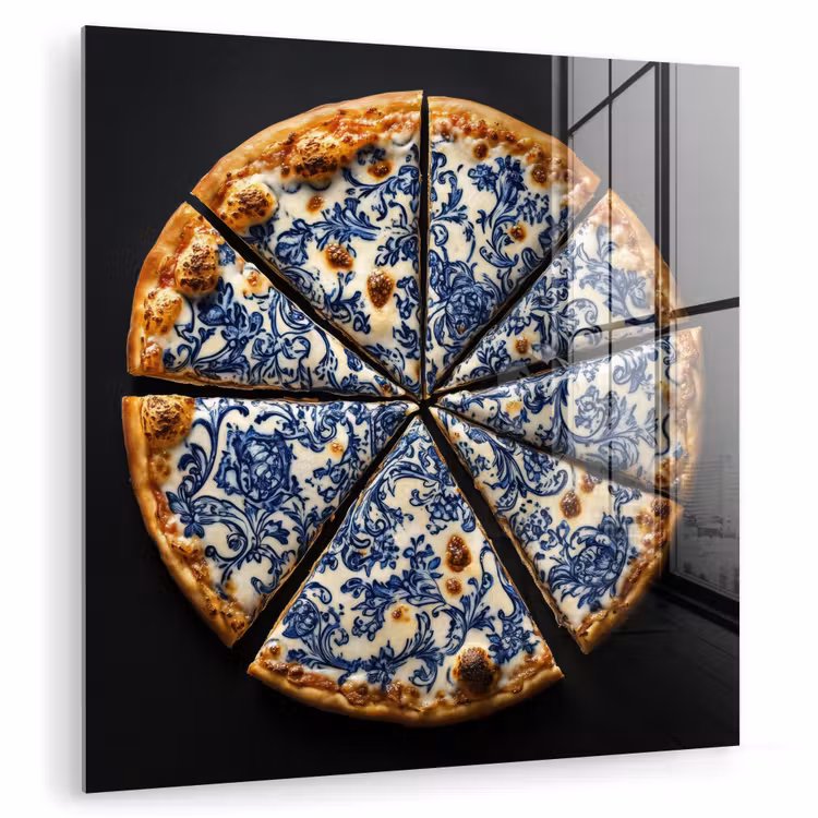 Glas schilderij - Pizza - Eten - Delftsblauw