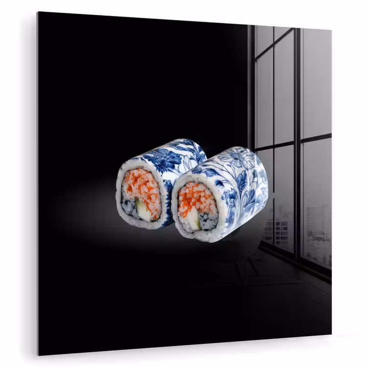 Glas schilderij - Sushi - Delfts blauw - Rijst - Vis - Elegant