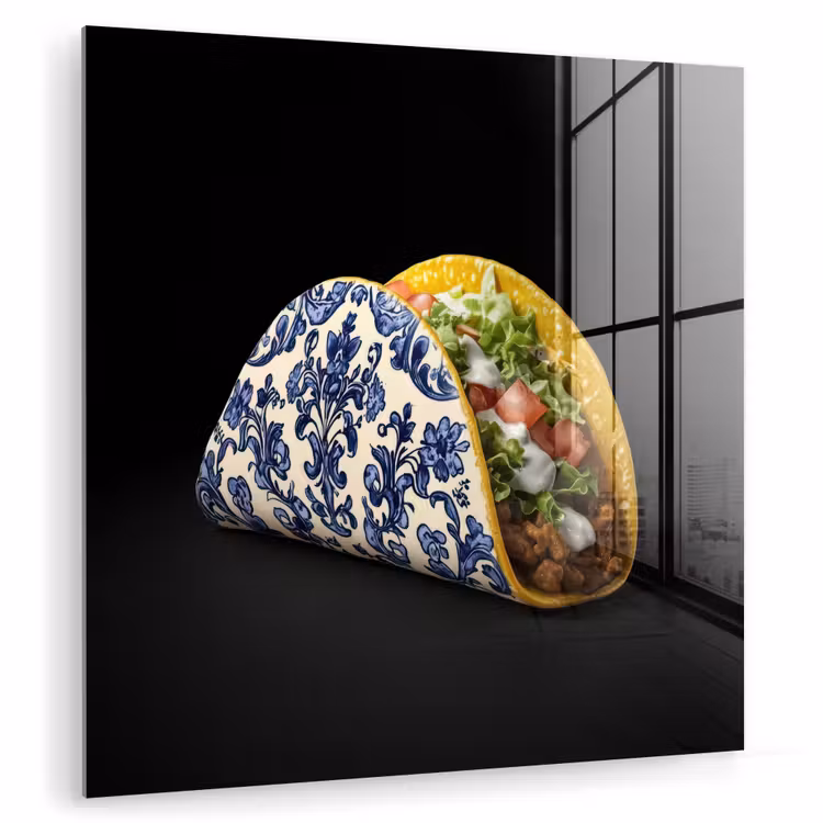 Glas schilderij - Taco - Vlees - Salade - Delftsblauw - Motief