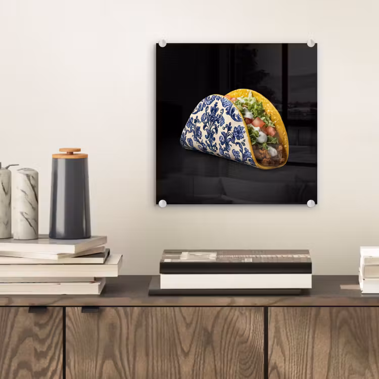 Glas schilderij - Taco - Vlees - Salade - Delftsblauw - Motief — 2