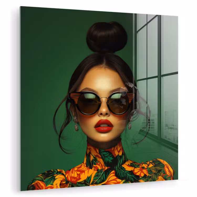Glas schilderij - Vrouw met Zonnebril Groen