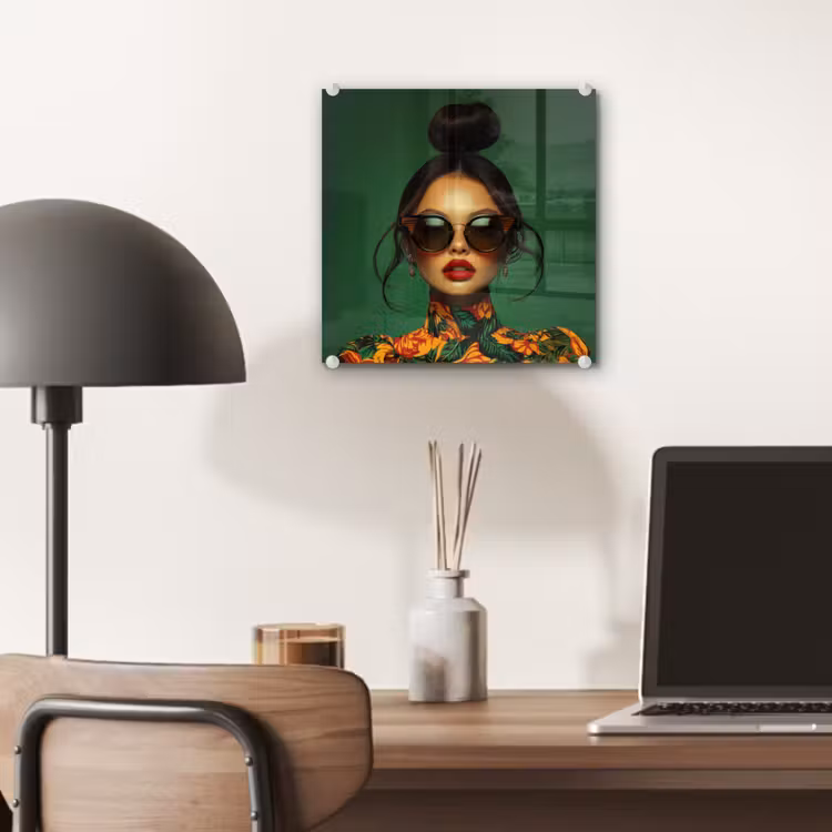 Glas schilderij - Vrouw met Zonnebril Groen — 7