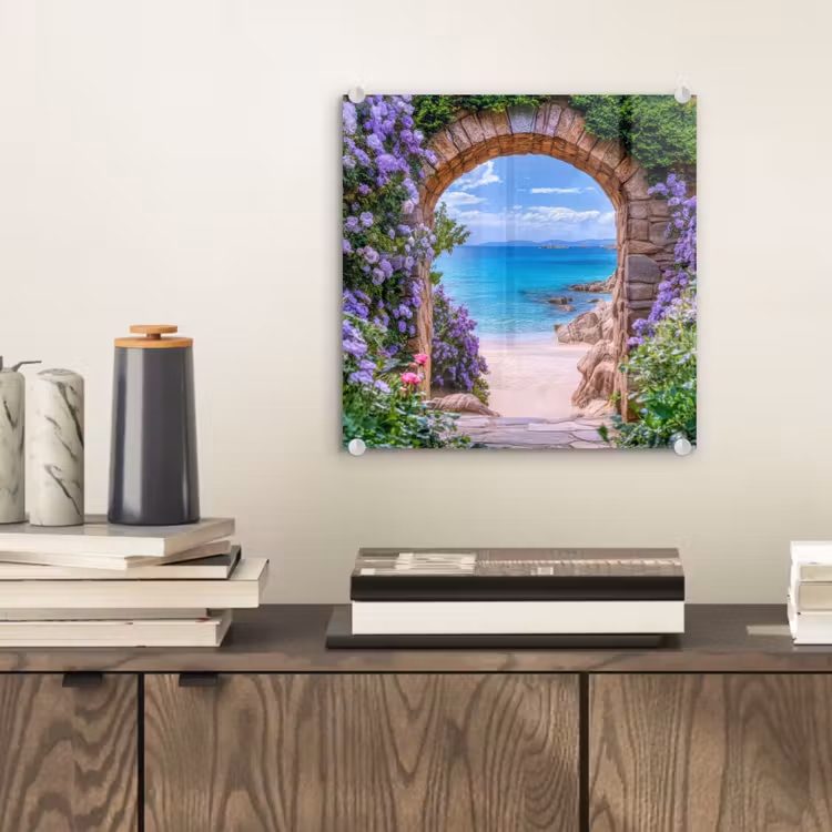 Glas schilderij - Doorkijk - Poort - Zee - Strand - Rotsen — 2