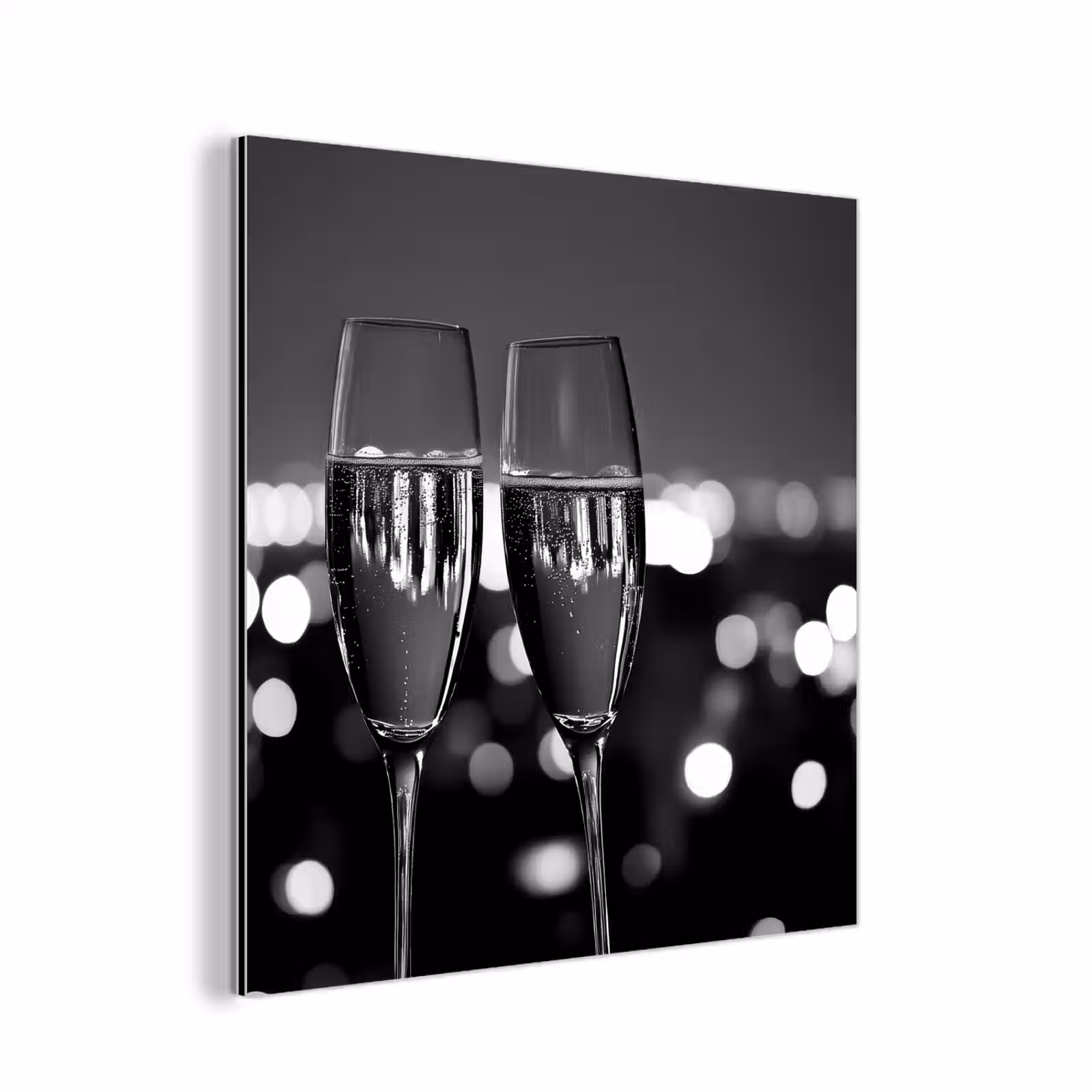 Aluminium schilderij - Bubbels - Proosten - Champagneglazen - Stadslichten — 1