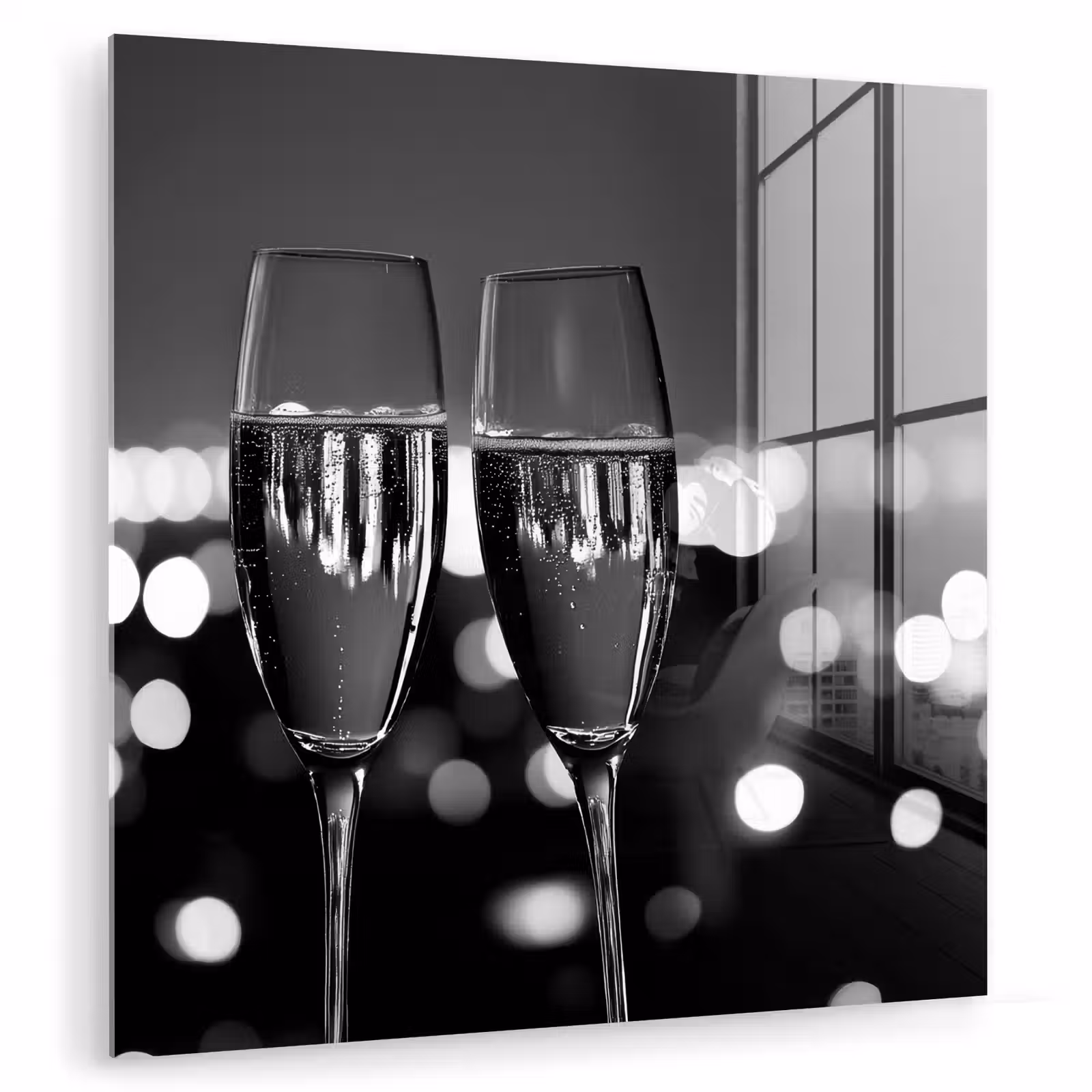 Glas schilderij - Bubbels - Proosten - Champagneglazen - Stadslichten — 1